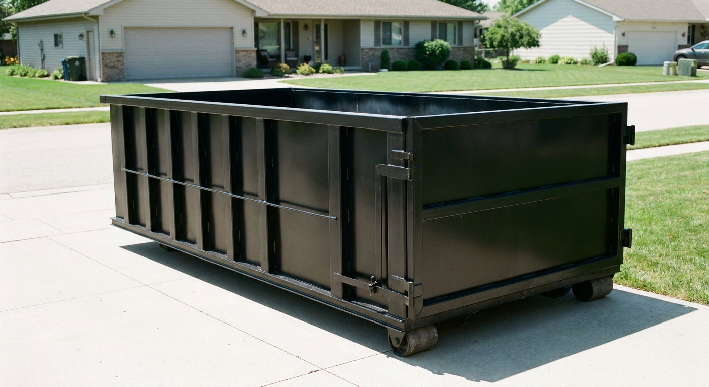 Matte-black 10-yard roll-off dumpster on a residential concrete driveway in Plano, uniformly painted matte black across every panel and rail, ribbed steel sidewalls and rear swing door visible, mid-day daylight.