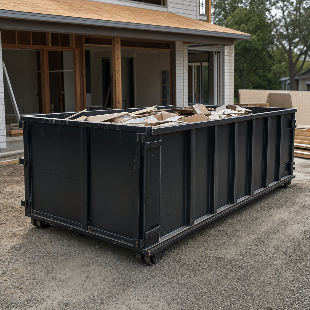 Large matte-black 30-yard construction roll-off dumpster at an active Plano jobsite, steel-gray top rails and bottom rollers visible, loaded with construction debris.