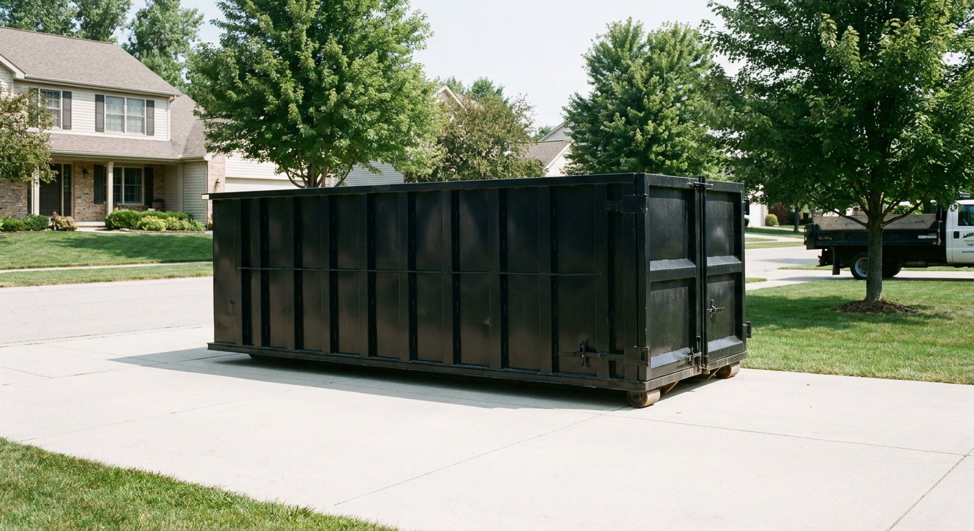 Matte-black 20-yard roll-off dumpster sitting level on a clean Plano residential concrete driveway under bright daylight, demonstrating clean placement directly on the concrete.