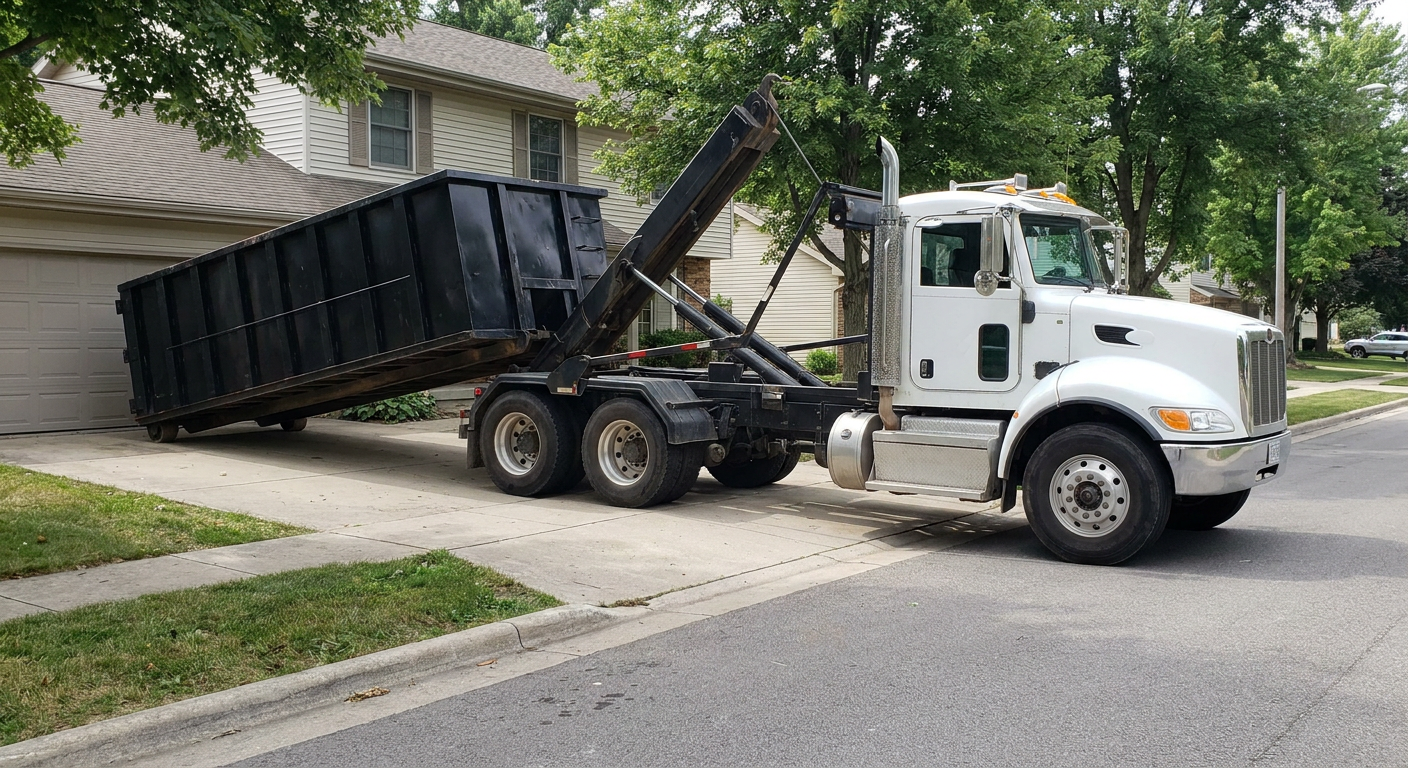 White-cab hooklift roll-off truck actively lowering a matte-black dumpster onto a Plano residential concrete driveway, the dumpster's rear wheels touching the driveway as the hoist arm tilts the bed forward, mid-morning daylight.