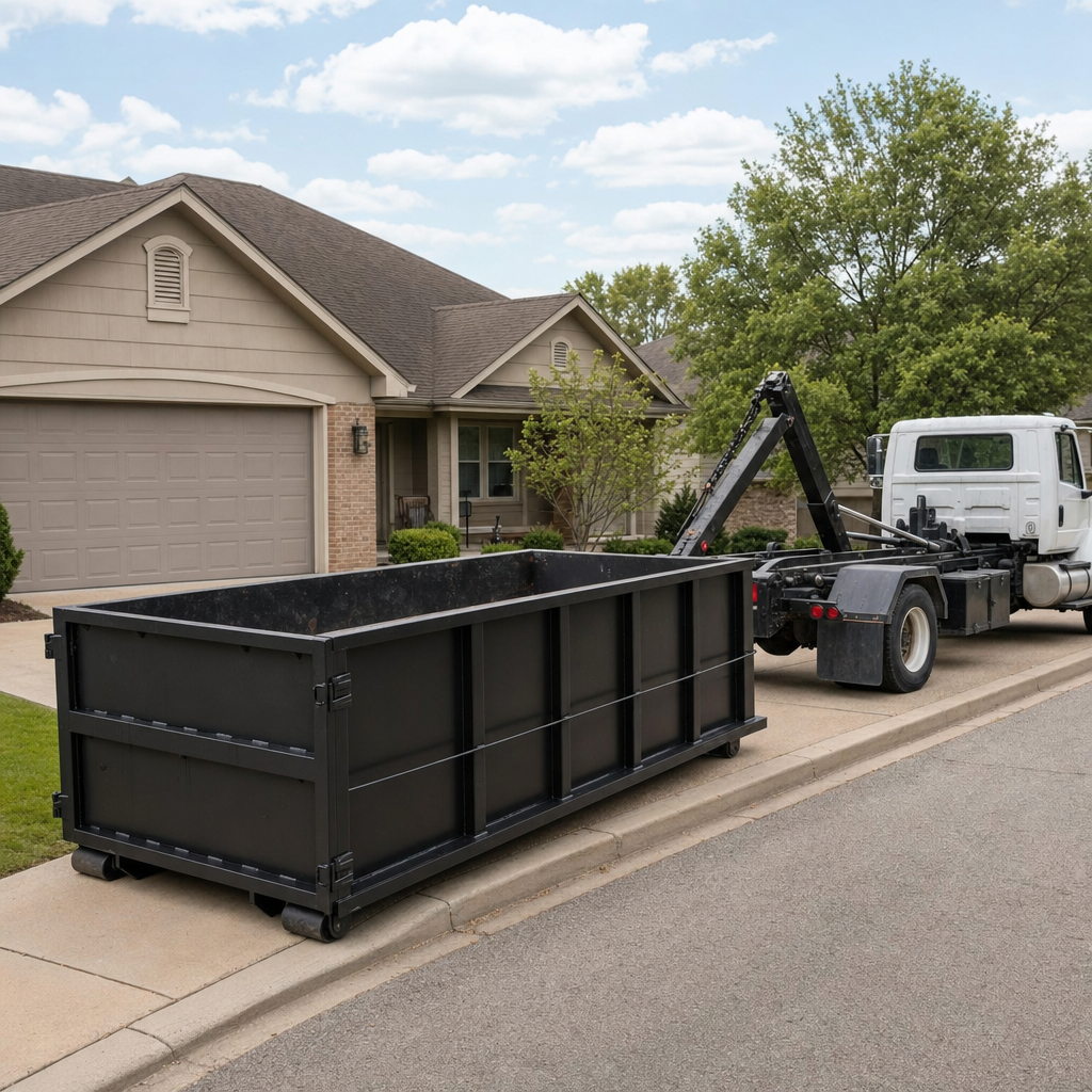 Wide documentary shot of a matte-black roll-off dumpster on a Plano residential driveway in the foreground and a contractor jobsite container in the soft-focus background, bright daylight, calm and orderly composition.